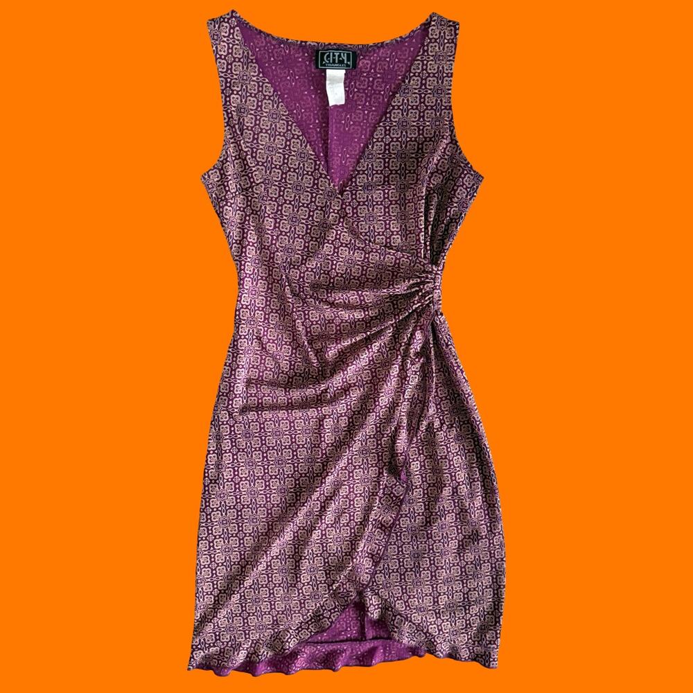 90's 00's vintage purple boho faux wrap y2k bodycon dress MEDIUM city triangles
